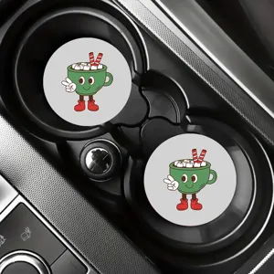 Cute cartoon car cup coasters set, round soft rubber non-slip drink mats for vehicle interior.