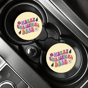 Car cup holder coasters featuring retro Christmas deer design, non-slip rubber interior pad.