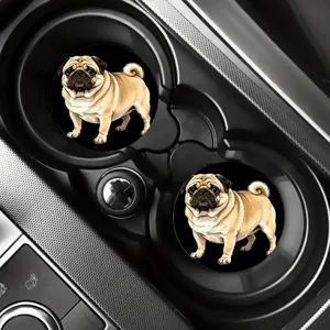 Cute pug car coasters, silicone non-slip cup holder mats for automotive interior drink cups.