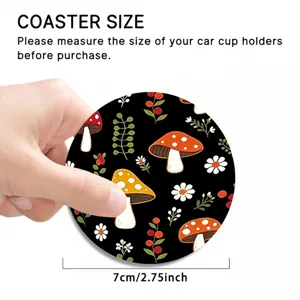 Mushroom car coaster detail view showing 7cm diameter size and botanical pattern design.