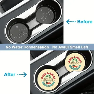 Detail shot of Christmas car cup holder coasters featuring retro holiday truck graphics.