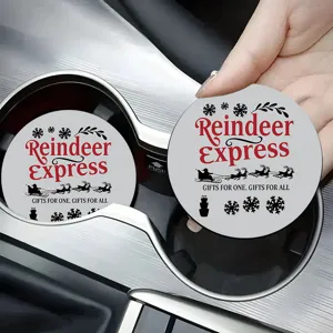 Detailed view of cute round car cup coaster featuring festive reindeer design for auto interior.