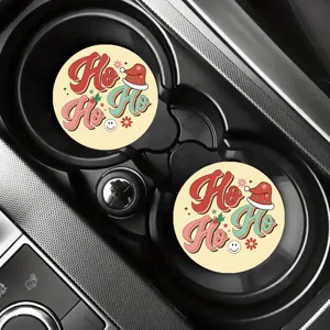 Retro Christmas car cup coasters set featuring Ho Ho Ho text and festive holiday design details.