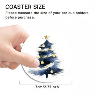 Round car cup coaster with elegant blue gold Christmas tree pattern, 7cm diameter.