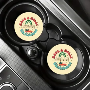 Christmas retro car cup coasters 2pcs, holiday red truck tree design absorbent.