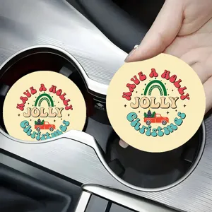 Christmas car coaster set featuring retro holiday truck and tree design for auto cup holders.