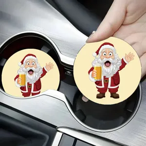 Close-up detail shot of cute Santa Claus silicone car cup coaster in vehicle cup holder.