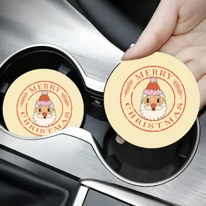 Detailed shot of Christmas car cup holder coaster with Santa design, non-slip interior decor.