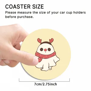 Car cup holder coaster, cute ghost pattern leather auto drink coaster, 7cm diameter anti-slip mat.