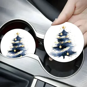 Cute Christmas tree car cup holder coaster, non-slip rubber interior accessory detail shot.