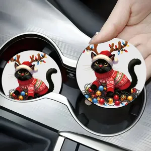 Christmas black cat car cup coaster cute holiday absorbent ceramic drink coaster for auto interior.