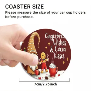 Christmas gnome car cup coaster detail view, 7cm 2.75inch round festive drink coaster.