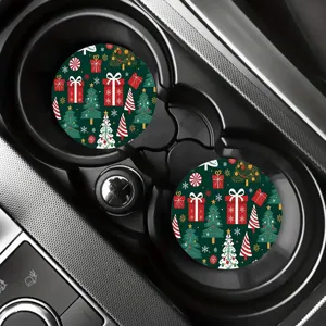 Christmas car cup coasters detail view, festive green holiday pattern with trees and gifts.