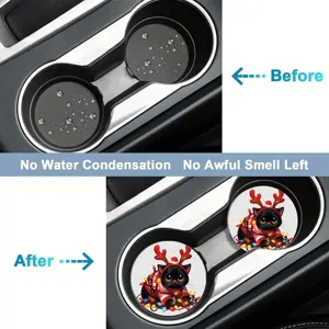 Car cup holder coasters detail view showing waterproof and anti-slip performance with cute cat.
