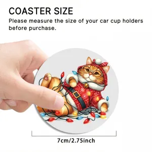 Cute Christmas cat print car coaster absorbent ceramic cup holder protector diameter 7cm