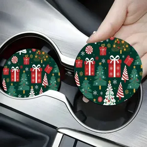 Christmas car coasters, festive tree and gift box pattern, absorbent ceramic cup holder mat.