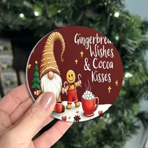 Christmas gnome and gingerbread man printed round ceramic coaster for holiday table decor.
