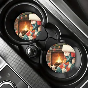 Sous-verres de voiture de Noel lot de deux tapis ronds en silicone pour automobile.