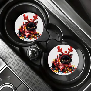 Cute Christmas black cat car coaster set, anti-slip rubber cup holder insert decor.