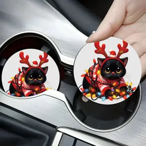 Cute Christmas black cat car cup coaster holiday auto interior accessory gift set