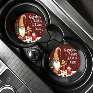 Christmas gnome car coasters set, cute holiday beverage cup mats for auto home and cafe decor.