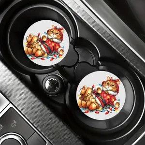 Christmas cat car cup coasters, absorbent ceramic auto cup holder inserts, 2 pack.