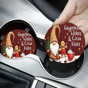 Christmas gnome car coasters with gingerbread man design absorbent cup holder inserts 2pcs