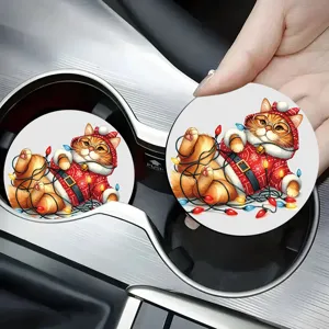 Christmas cat car cup coaster, cute absorbent ceramic coaster for auto cup holders, holiday decor.