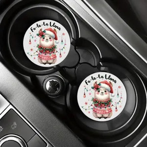 Christmas llama car cup coasters, round silicone absorbent insert for auto cup holders.