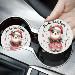 Christmas Car Cup Holder Coasters Silicone Round Anti-Slip Heat Insulated Mat For Vehicle Home Office Decor Christmas Llama Deer Tree Pattern