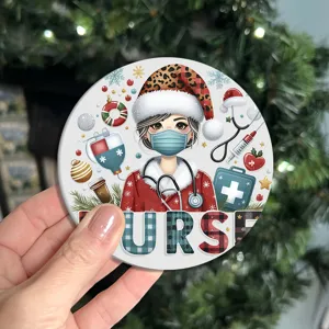 Close-up detail of the Christmas nurse themed round soft coaster with vibrant holiday illustration.