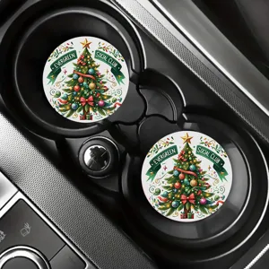 Christmas tree car coasters set, cute holiday absorbent silicone cup holders mat for auto interior.