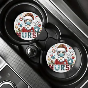 Christmas nurse car coaster set, waterproof heat-resistant round cup holder mat for auto interior