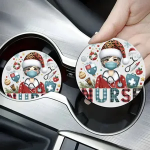 Silicone Christmas Nurse Car Coaster Waterproof Heat Resistant Round Cartoon Cup Mat Vehicle Interior Accessories
