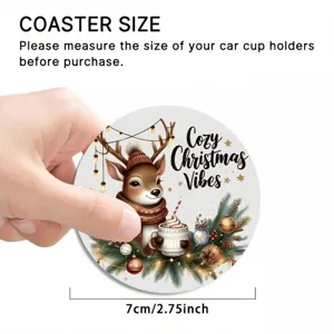 Close-up view of the round Christmas car cup coaster showing cute deer and festive vibe pattern.