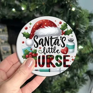 Close-up detail of the Christmas nurse theme coffee cup coaster with festive holiday graphics.