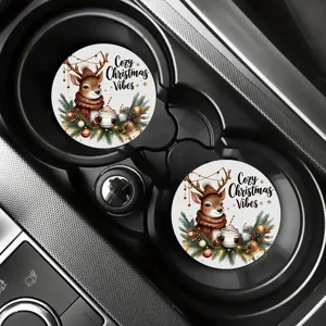 Round silicone car cup coaster with cute Christmas reindeer and festive holiday pattern.