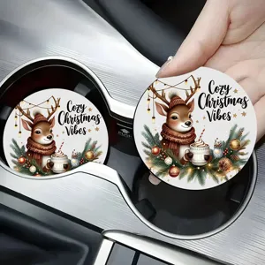 Round silicone car cup coaster with cute Christmas deer design, perfect table drink mat.