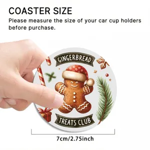 Close-up detail of Christmas gingerbread man car cup coaster showing size and design.