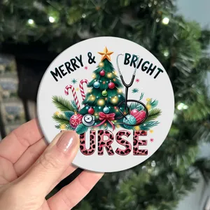 Christmas nurse themed round coaster, perfect holiday table decoration, durable heat resistant mat.