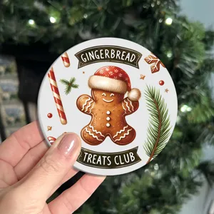 Christmas gingerbread man round coaster detail view, festive table decor prop display.