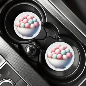 Sous-verres absorbants en céramique pour voiture avec joli motif de bol de bonbons pastel.