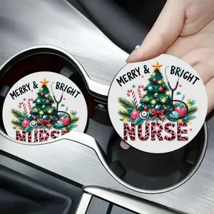 Christmas nurse car cup coaster detail shot, anti-slip absorbent ceramic material for vehicle.