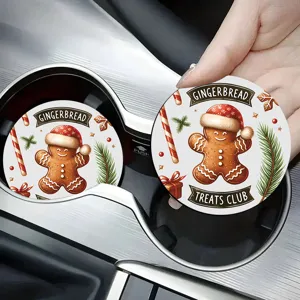 Christmas Gingerbread Car Cup Coaster Round Silicone Anti-Slip Automotive Interior Mat