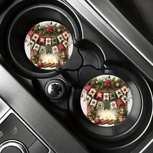 Detailed view of Christmas fireplace design car cup coasters in interior cup holder.