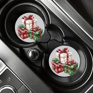 Christmas car coasters set, cute holiday gift box printed round cup holders mats for auto interior.