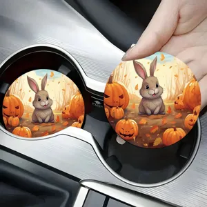 Cute autumn rabbit and pumpkin car cup coasters, absorbent ceramic auto drink coasters.