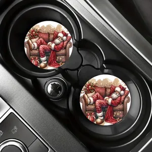 Detail view of Christmas Santa Claus car coasters set, fitting standard cup holders perfectly.