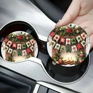 Christmas car cup holder coasters set, non-slip absorbent ceramic auto drink coasters for holiday decor.