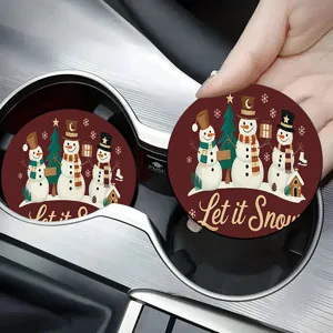 Christmas round car coaster with cute snowman design and festive holiday text for cup holder.